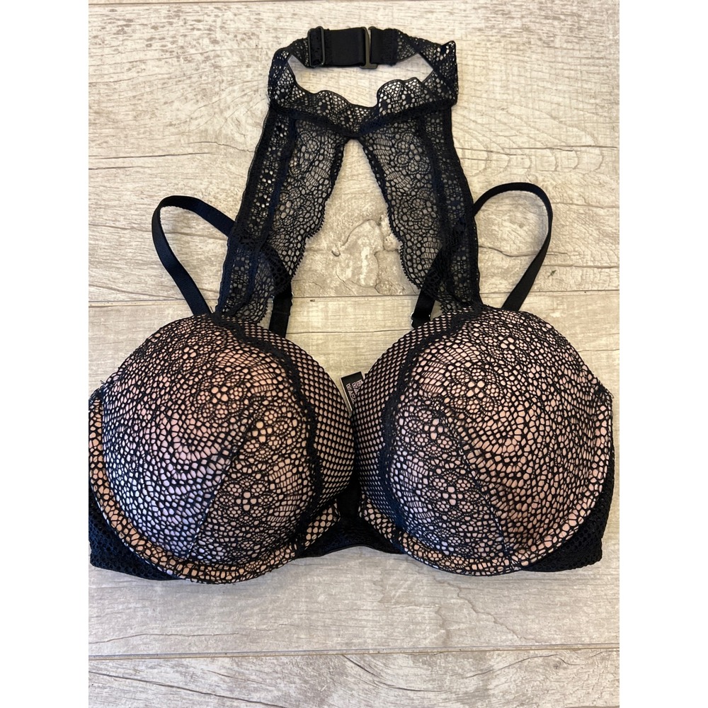 Victoria's Secret Very Sexy Black Lace High Neck Halter Push Up Bra 32D